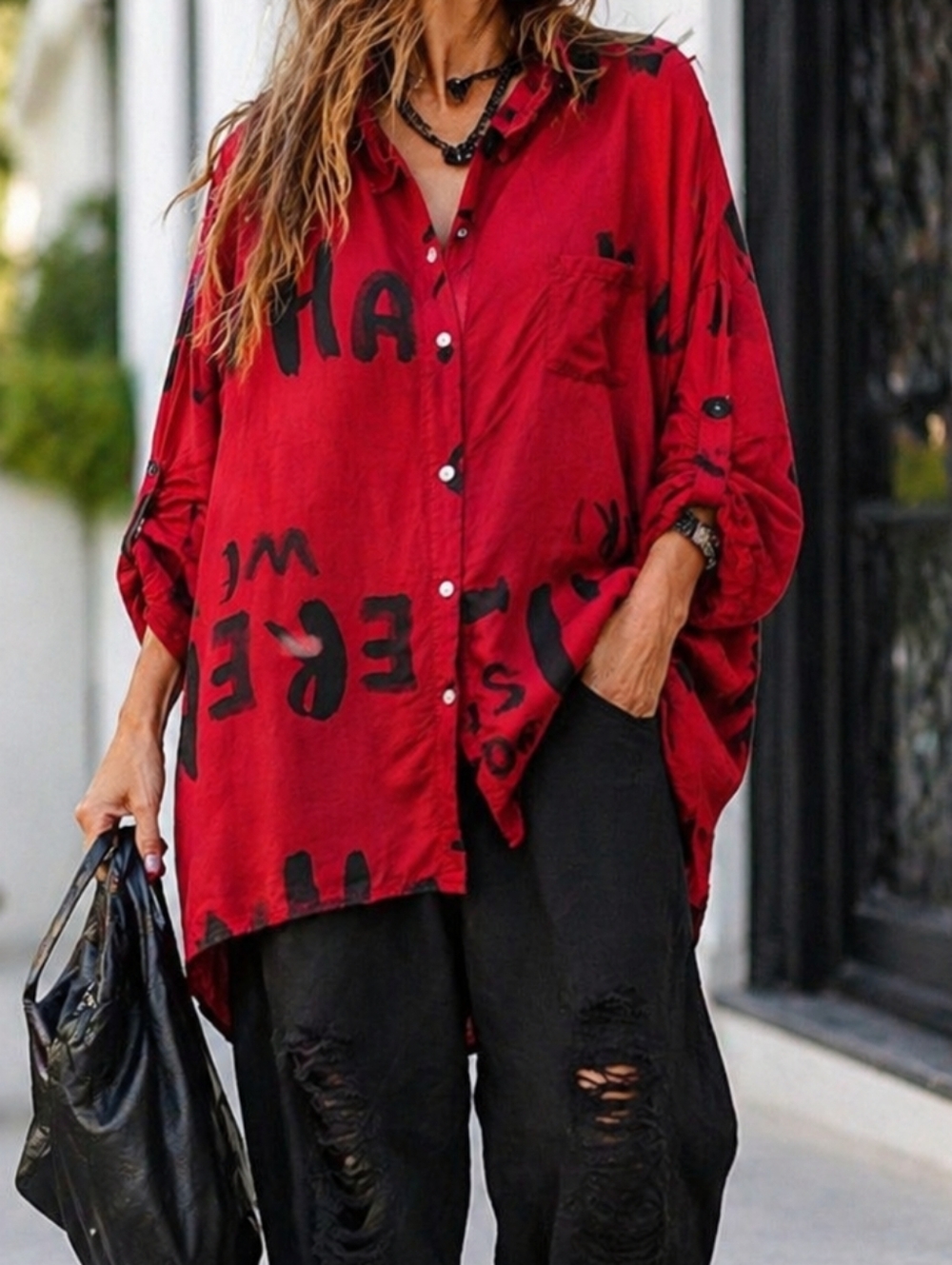 Bella Amore Made In Italy Oversized Red Graphic Button-Up Tunic Shirt Artsy Boho
